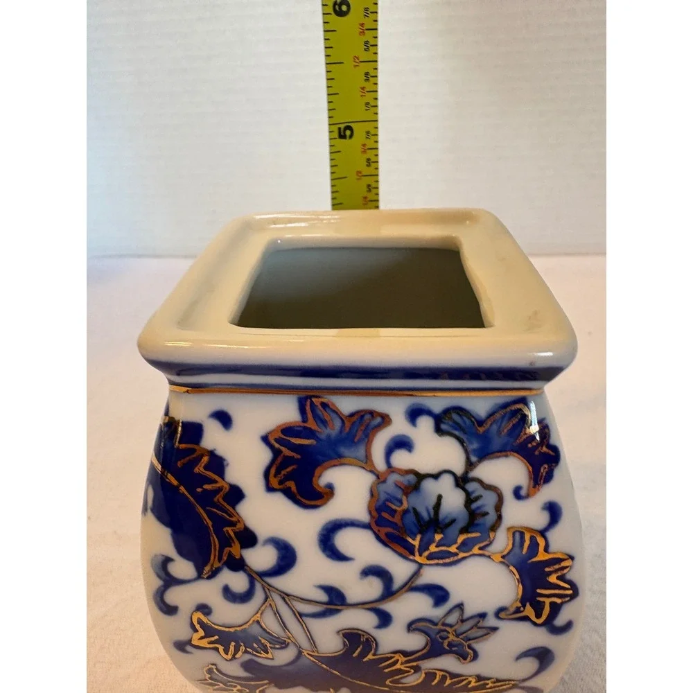 Blue and White Floral Ceramic Square Vase Gold Gilt Chinoiserie Decor Small‎